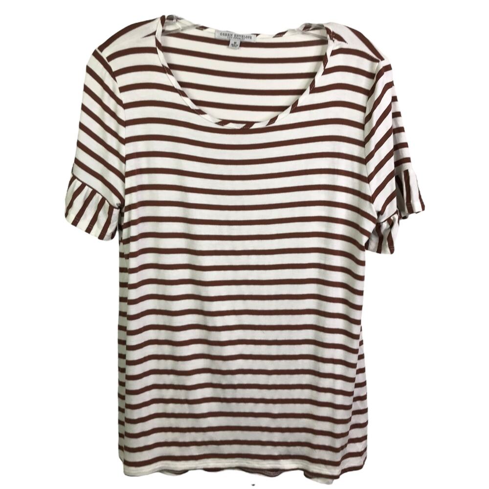 Green Envelope T-Shirt Top Womens Sz M Brown White Stripes‎ Ruffle Sleeve Cotton